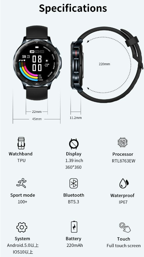 New Smartwatch D9 1.39 HD Large Screen-Black