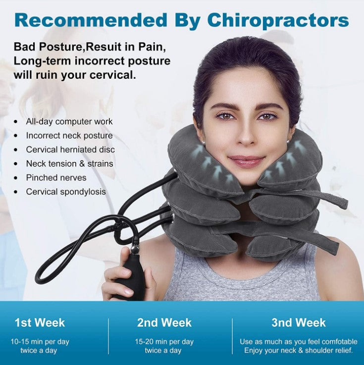 Cervical Traction Device Neck Support Inflatable Pillow-Black/Grey