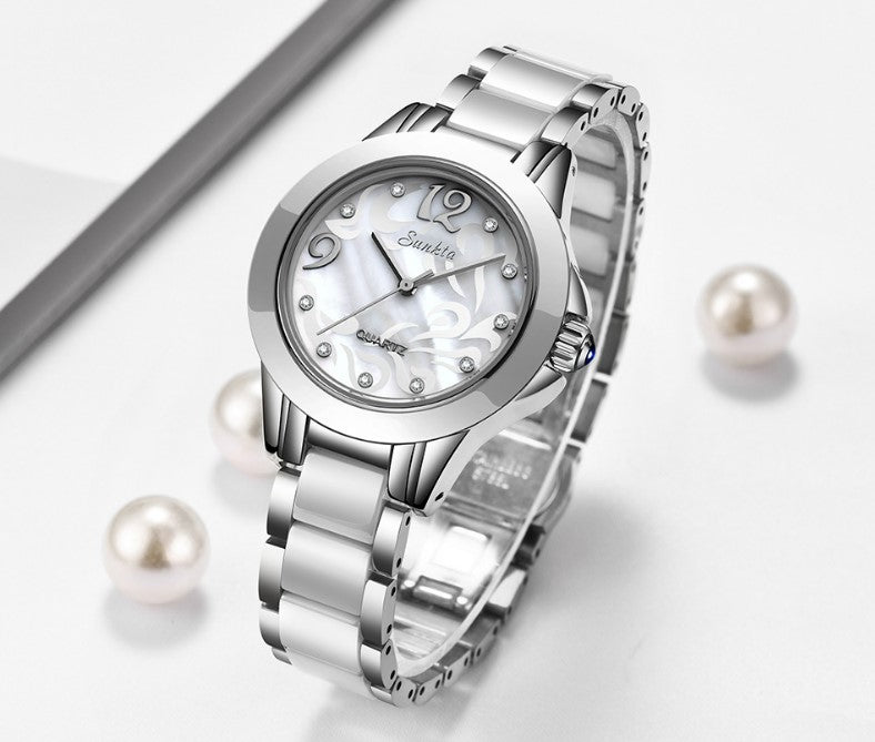 SUNKTA Explosive Ceramic Ladies Watch - Silver White