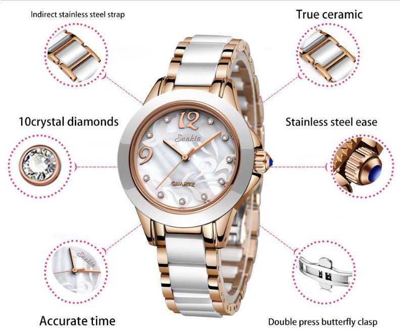 SUNKTA Explosive Ceramic Ladies Watch - Silver Black