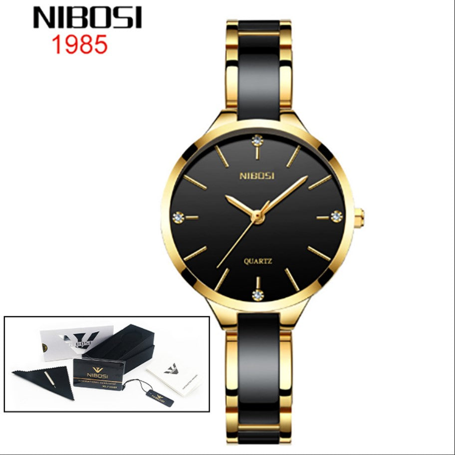 NIBOSI Luxury Ceramic Ladies Bracelet Watch- Gold Black