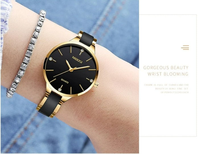 NIBOSI Luxury Ceramic Ladies Bracelet Watch- Gold Black