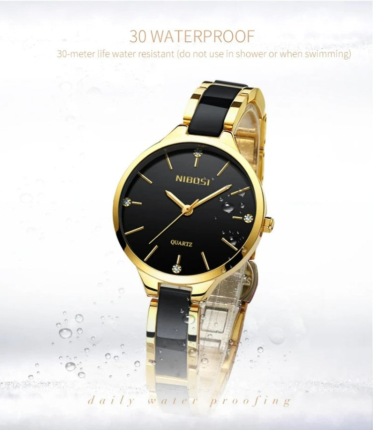 NIBOSI Luxury Ceramic Ladies Bracelet Watch- Gold Black