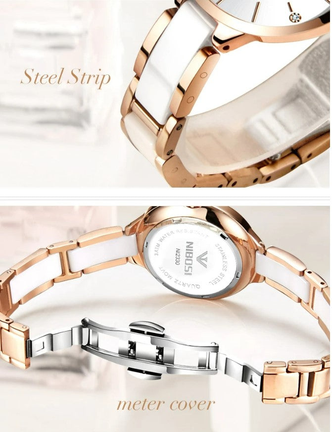 NIBOSI Luxury Ceramic Ladies Bracelet Watch - Rose White